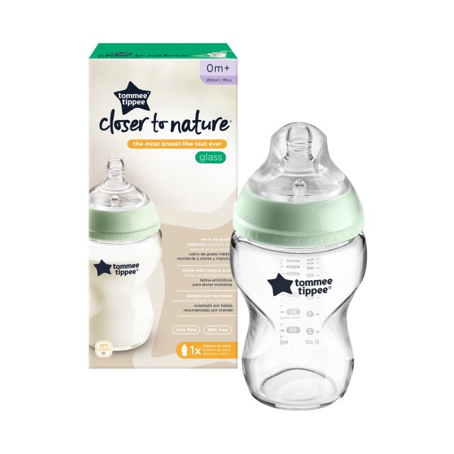 Tommee Tippee Γυάλινο Μπιμπερό Closer to Nature Μικρής Ροής 0+ Μηνών, 250ml