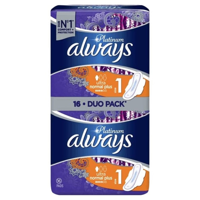 Always Duo Pack Platinum Ultra Normal Plus Size 1 Σερβιέτες με Φτερά, 16 Τεμάχια
