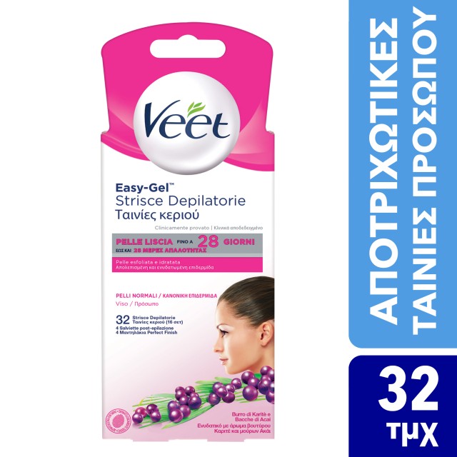 Veet Easy Gel Ταινίες Αποτρίχωσης Προσώπου Κρύο Κερί 32 Ταινίες