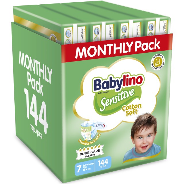 Babylino Sensitive Monthly Pack Πάνες με Αυτοκόλλητο Sensitive No.7 για 15+kg Promo, 144τμχ
