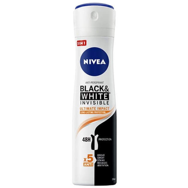 Nivea Black & White Invisible Ultimate Impact 5 in 1 Γυναικείο Αποσμητικό Spray 48ωρης Προστασίας, 150ml