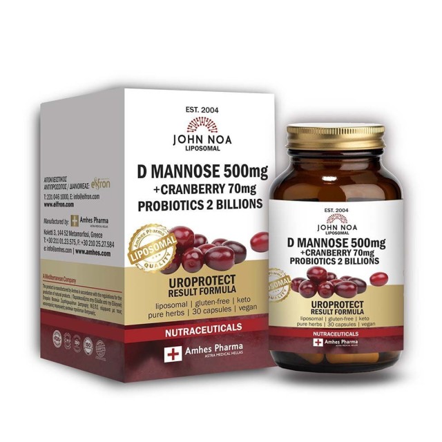 John Noa D-Mannose 500mg + Cranberry 70mg + Probiotics 2 Billions Λιποσωμιακή Φόρμουλα Για Το Ουροποιητικό, 30 Κάψουλες