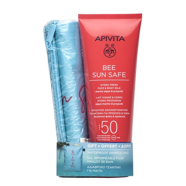 Apivita Bee Sun Safe Promo Pack με Hydra Fresh Face & Body Milk SPF50 200ml & Δώρο Αδιάβροχο Τσαντάκι για Μαγιό, 1σετ