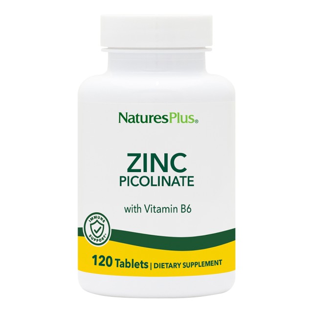 Natures Plus Zinc Picolinate w/B6 Συμπλήρωμα Διατροφής με Ψευδάργυρο & Βιταμίνη Β6 για Ενίσχυση Ανοσοποιητικού & Αναπαραγωγικού Συστήματος, 120 Ταμπλέτες