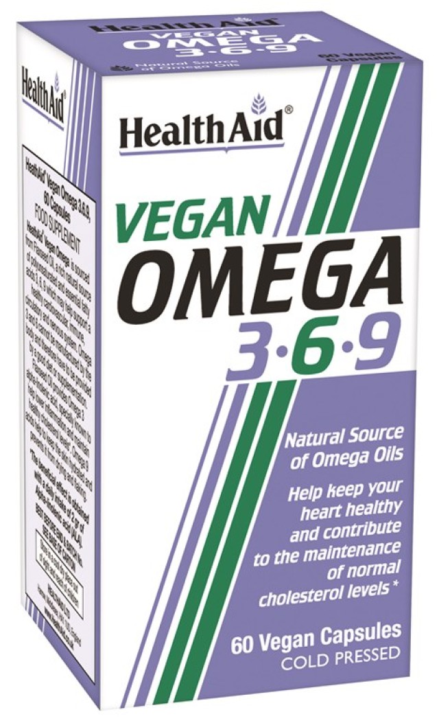 Health Aid Vegan Omega 3-6-9 Συμπλήρωμα Διατροφής με Ακόρεστα Λιπαρά Οξέα για την Υγεία Καρδιάς, Κυκλοφορικού, Εγκεφάλου & Επιδερμίδας, 60 Φυτικές Κάψουλες