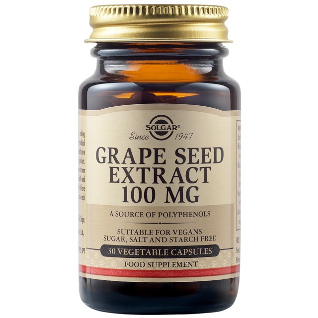 Solgar Grape Seed Extract 100mg Συμπλήρωμα Διατροφής με Εκχυλίσματα Σταφυλιού, 30 Φυτικές Κάψουλες