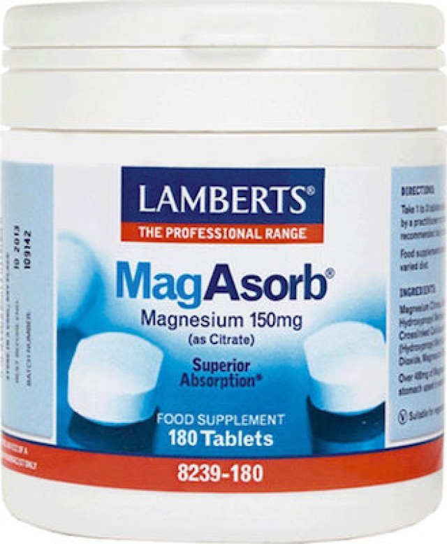 Lamberts MagAsorb Συμπλήρωμα Διατροφής για την Ανάπτυξη των Οστών & τη Σωστή Λειτουργία Νευρικού Συστήματος & Μυών, 180 Ταμπλέτες