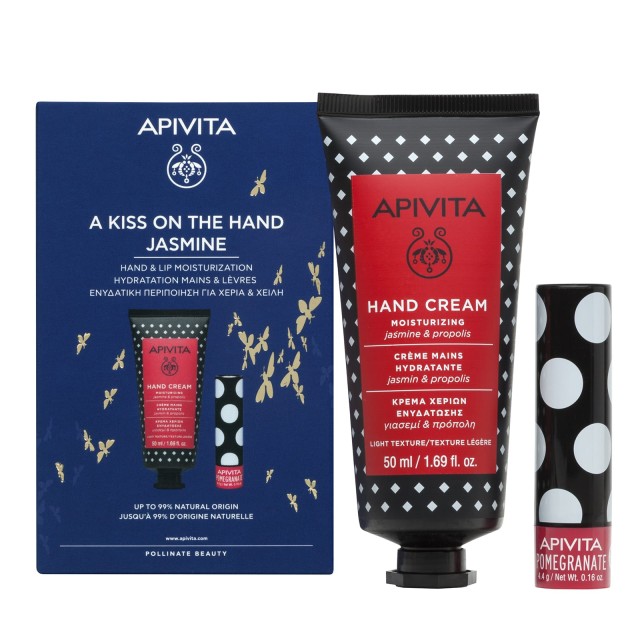 Apivita Promo A Kiss On The Hand Jasmine Κρέμα Χεριών Ενυδάτωσης Ελαφριάς Υφής, 50ml & Lip Care με Ρόδι 4.4g