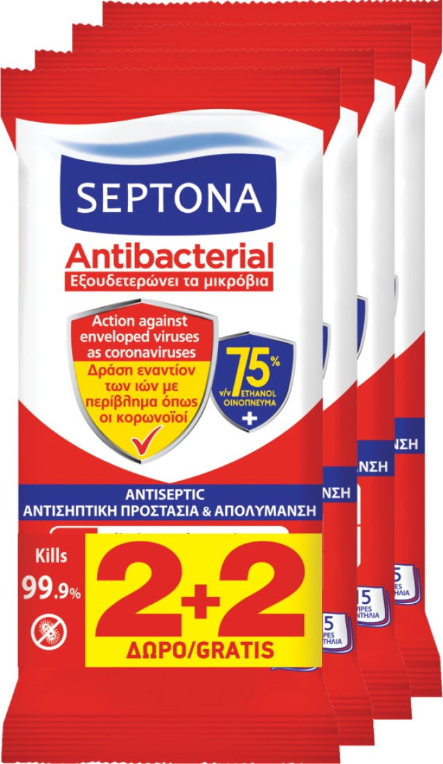 Septona Antibacterial Μαντηλάκια Με Αιθυλική Αλκοόλη, 15 Τεμάχια (2+2 Δώρο)