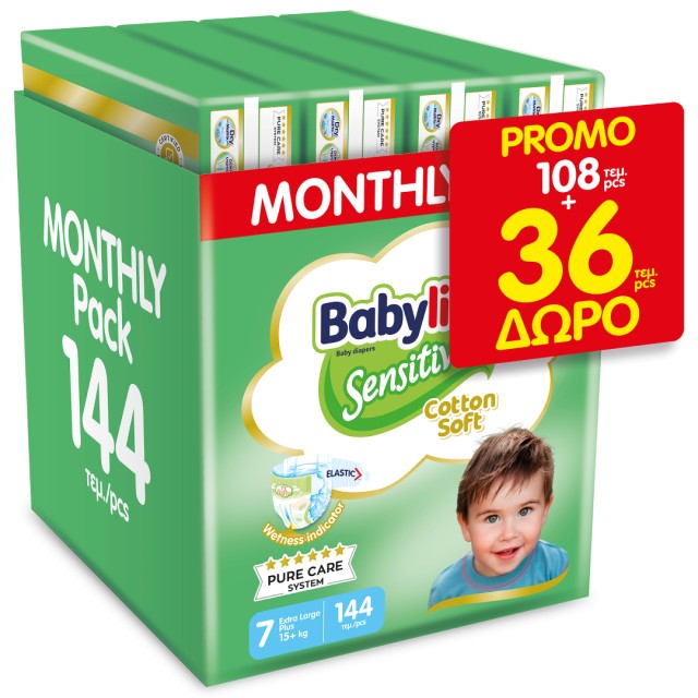 Babylino Sensitive Monthly Pack Πάνες με Αυτοκόλλητο Sensitive No.7 για 15+kg Promo, 144τμχ