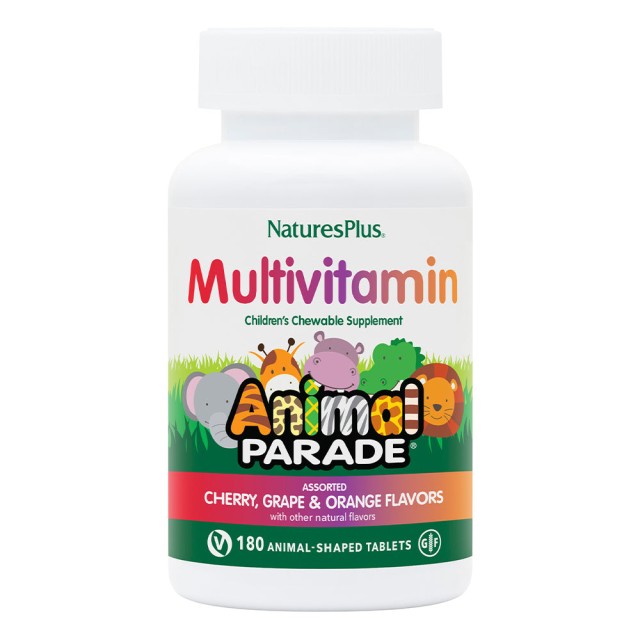 Natures Plus Animal Parade Childrens Chewable Multi-Vitamin & Mineral Supplement Cherry, Orange & Grape Πολυβιταμινούχα Ζωάκια Γεύση Κεράσι, Πορτοκάλι και Σταφύλι, 180 Μασώμενες Ταμπλέτες