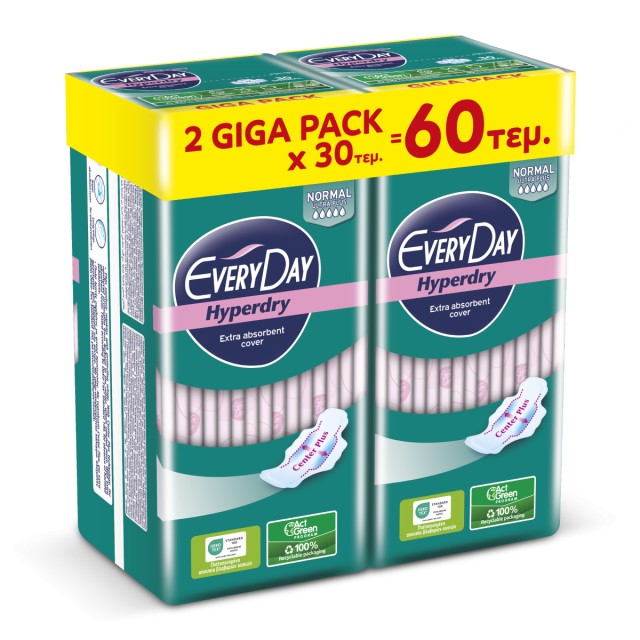 Every Day Hyperdry Normal Ultra Plus Giga Pack Κανονικού Μήκους Λεπτές Σερβιέτες Με Φτερά Προστασίας & Βαμβάκι, 60 Τεμάχια (2x30)