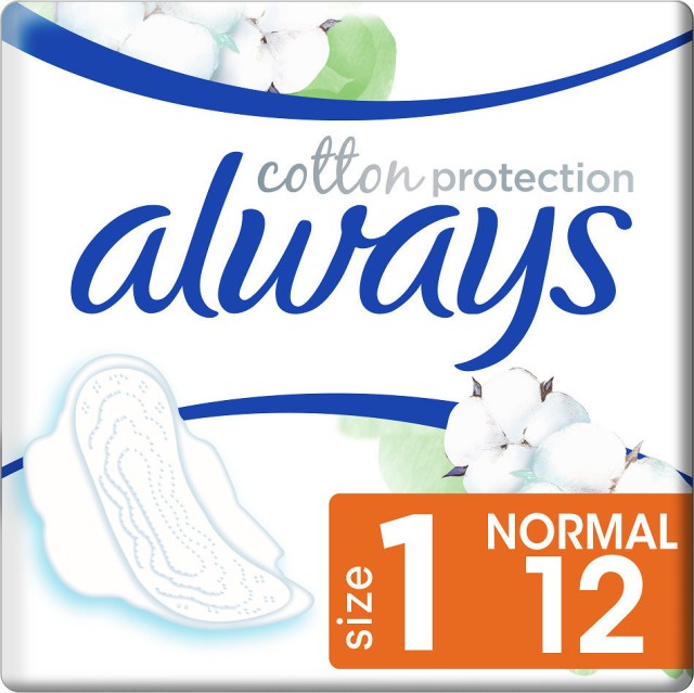 Always Hypoallergenic Cotton Size 1 Normal Σερβιέτες Με Φτερά, 12 Τεμάχια