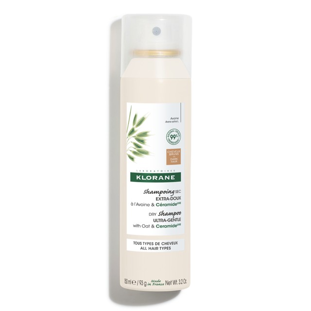 Klorane - Εξαιρετικά Ήπιο Dry shampoo με Χρώμα - Καστανά έως Σκούρα Μαλλιά - Mε Βρώμη & Ceramide, 150ml