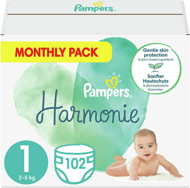 Pampers Monthly Harmonie No1 (2-5kg), 102 Τεμάχια Pampers Monthly Harmonie No1 (2-5kg), 102 Τεμάχια