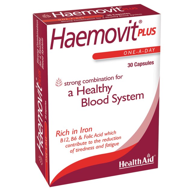 Health Aid Haemovit Plus Συμπλήρωμα Διατροφής με Σίδηρο, Βιταμίνη Β12, Β6 & Φυλλικό Οξύ για Ενίσχυση του Αιμοποιητικού Συστήματος, 30 Κάψουλες