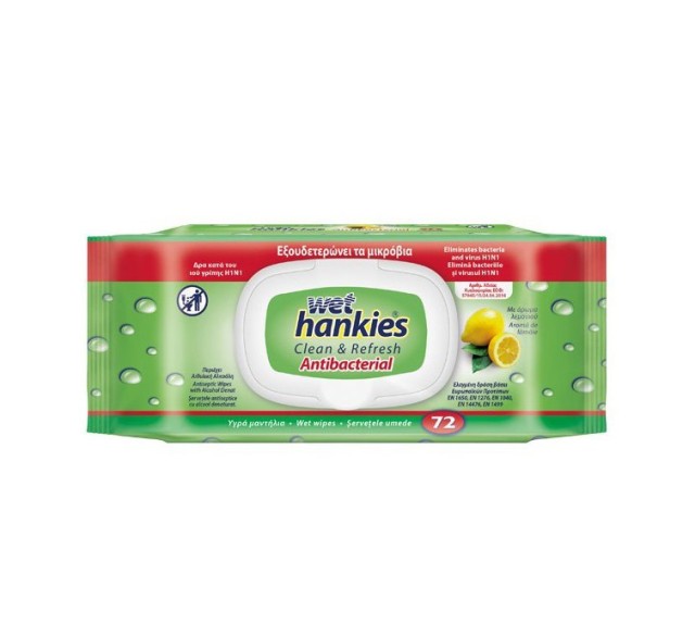 Wet Hankies Μαντηλάκια Αντιβακτηριδιακά με Αιθυλική Αλκοόλη με Άρωμα Λεμόνι 72τμχ