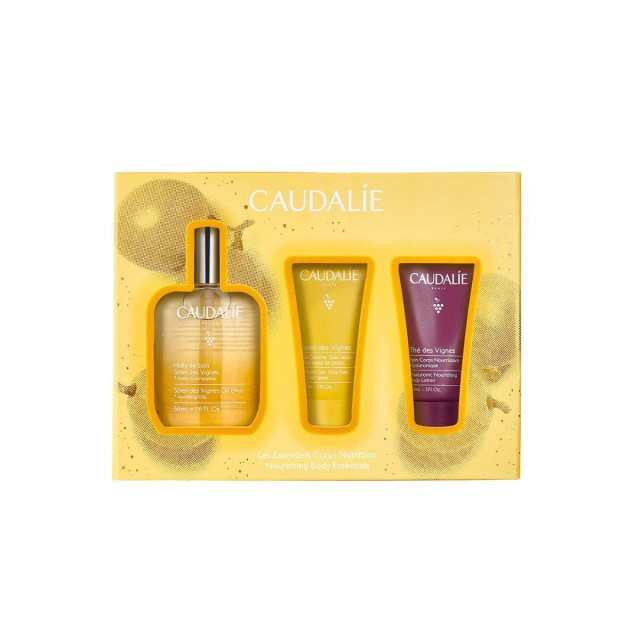 Caudalie Soleil des Vignes Xmas Promo Oil Elixir Θρεπτικό Έλαιο Σώματος, 50ml + Shower Gel Αφρόλουτρο Σώματος, 30ml + The des Vignes Hyaluronic Nourishing Body Lotion Ενυδατική Λοσιόν Σώματος με Υαλουρονικό Οξύ, 30ml, 1σετ
