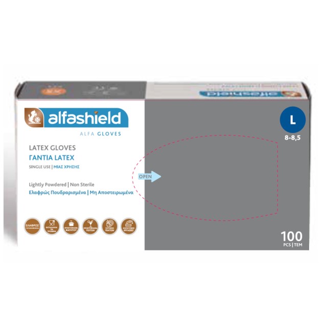 Alfashield Karabinis Medical Gloves Εξεταστικά Γάντια Λάτεξ Ελαφρά Πουδραρισμένα Λευκό Large, 100τμχ